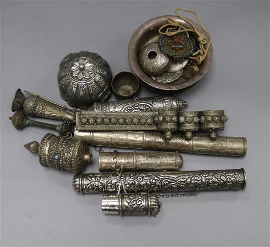 A quantity of assorted Tibetan white metal and other items.